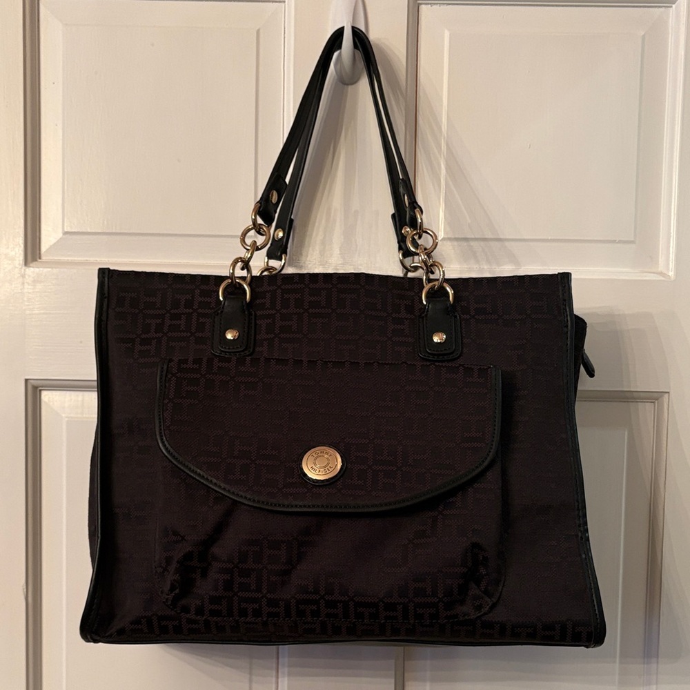 Tommy Hilfiger TH Logo Jacquard Shoulder Tote Bag Black EUC